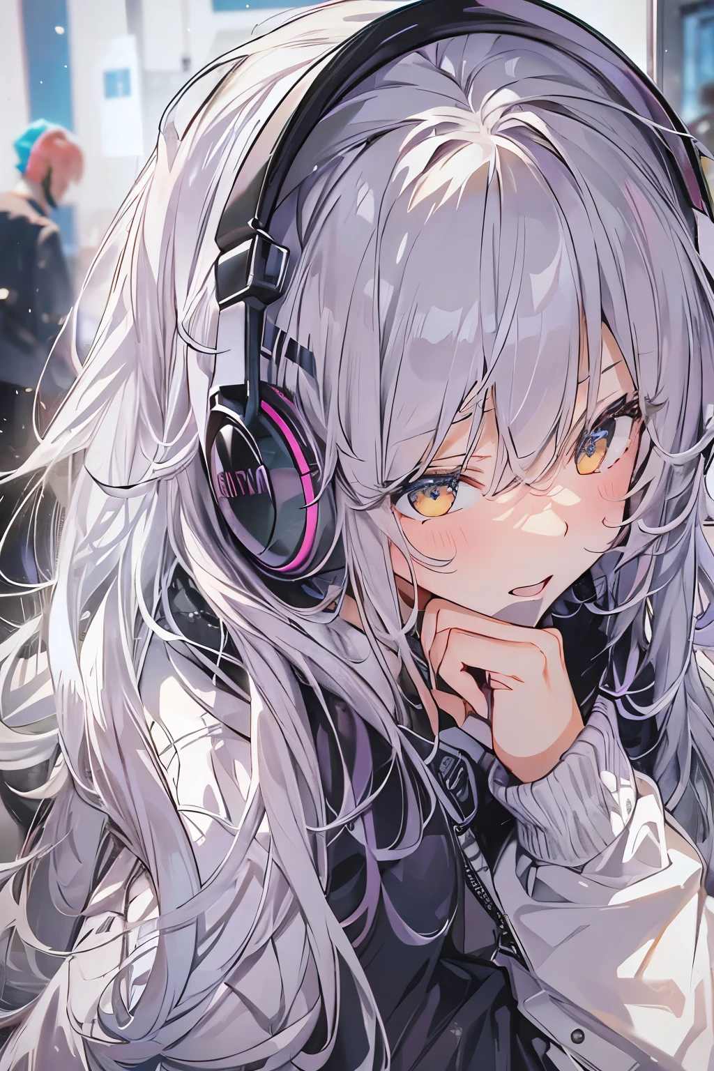 Woman using computer with big screen、Silver Hair、Semi-long hair、Laughter,Wearing cool headphones,{{{{{{{{ Black hoodie oversized }}}}}}}},Beautiful and delicate golden eyes,