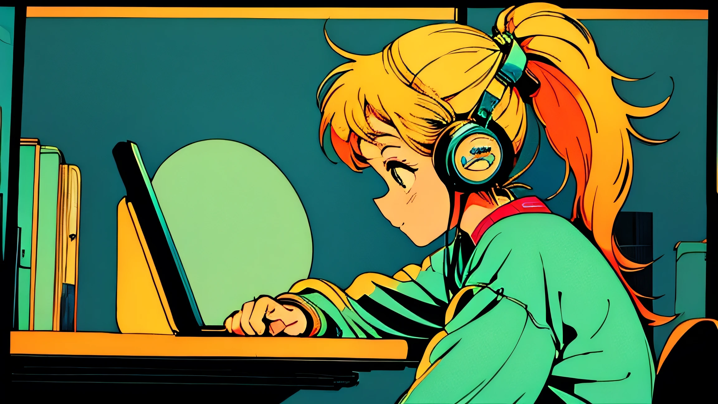 City pop style art, Yellow Hair, ponytail, Wearing headphones, Futuristic yet lo-fi, Retro, Vintage, Ghost,masterpiece, (( Side Shot)), Sit at a desk and concentrate on studying, Laptop and coffee on the desk, (( Midnight )), (( Looking down ))