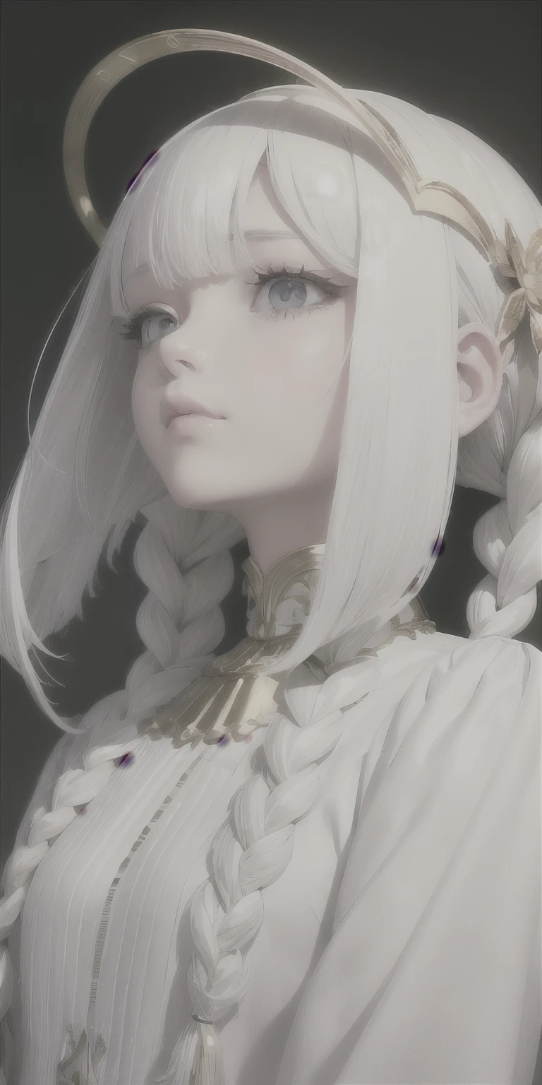 best quality, masterpiece,white hair, gold eyes,white clothes, looking up, upper body,hair strand,Fair skin,side braids