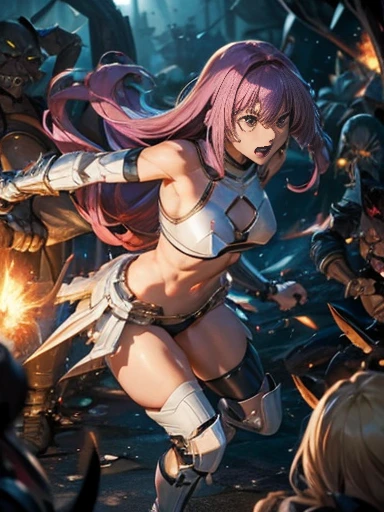 highest quality、Realistic Style、Battle of Despair 1:8、Beautiful woman with very long purple hair、White light armor（Chest exposed、belly button、Exposed thighs）、White Armor Boots、Tears overflow、Frightened expression、scream、run away、Attacked by mutants 1:5、Many violent mutants 1:5、Mutant Holding Arm、Mutant attacks from behind、Mutant grabs leg、Mutant Swarm 1:5、Midnight、another world、Dark fantasy、hell