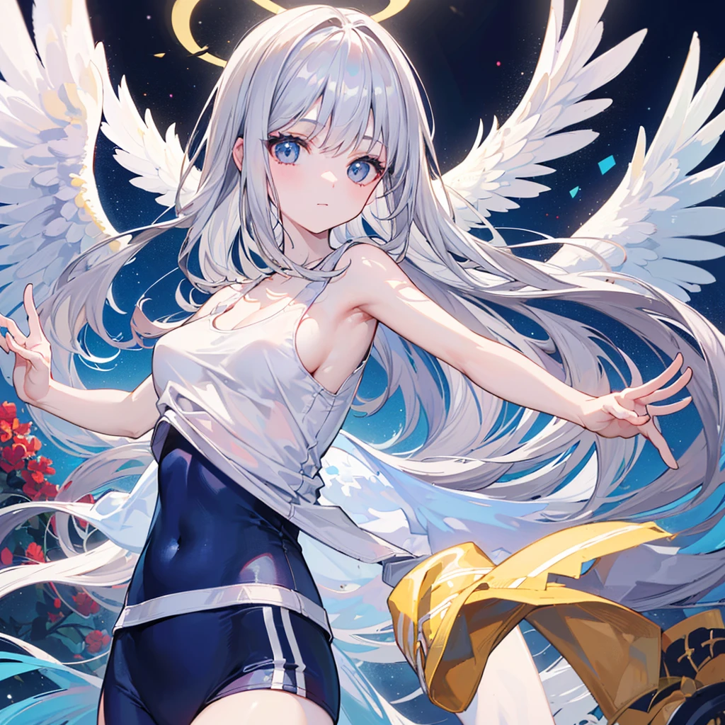(((Best quality, 8k, Masterpiece: 1.3)), ((best quality)), ((masterpiece)), (detailed), Angel Girl、Silver Hair、Angel Halo、Angel Wings、Light effects、Sportswear、Tank top、Angels dancing happily