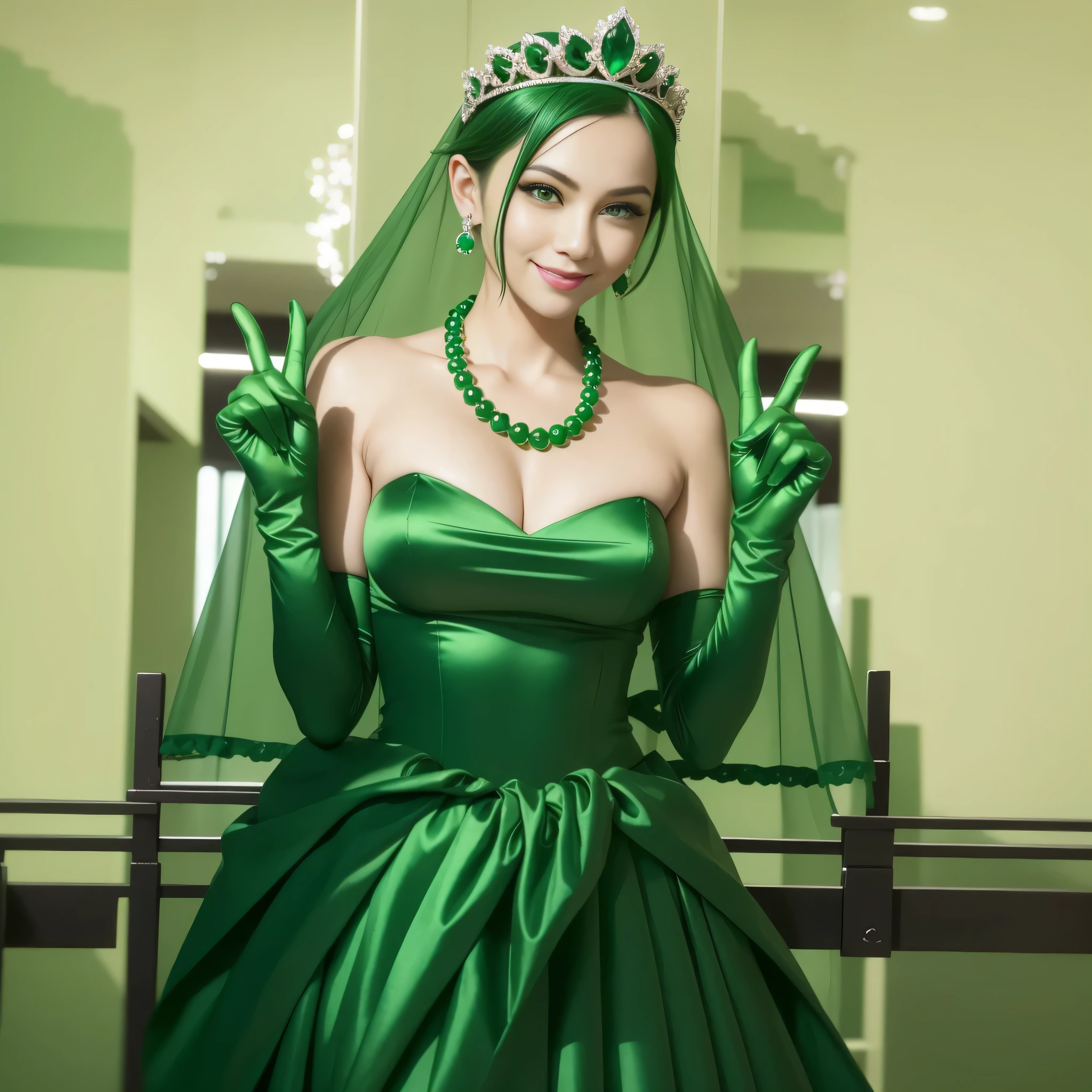 Emerald tiara, Green Pearl Necklace, Boyish very short green hair, lipstick, Smiling Japanese woman, Very short hair, Big tits beautiful, Green Eyes, Long green satin gloves, Green Eyes, v sign, Emerald Earrings, Green Veil
