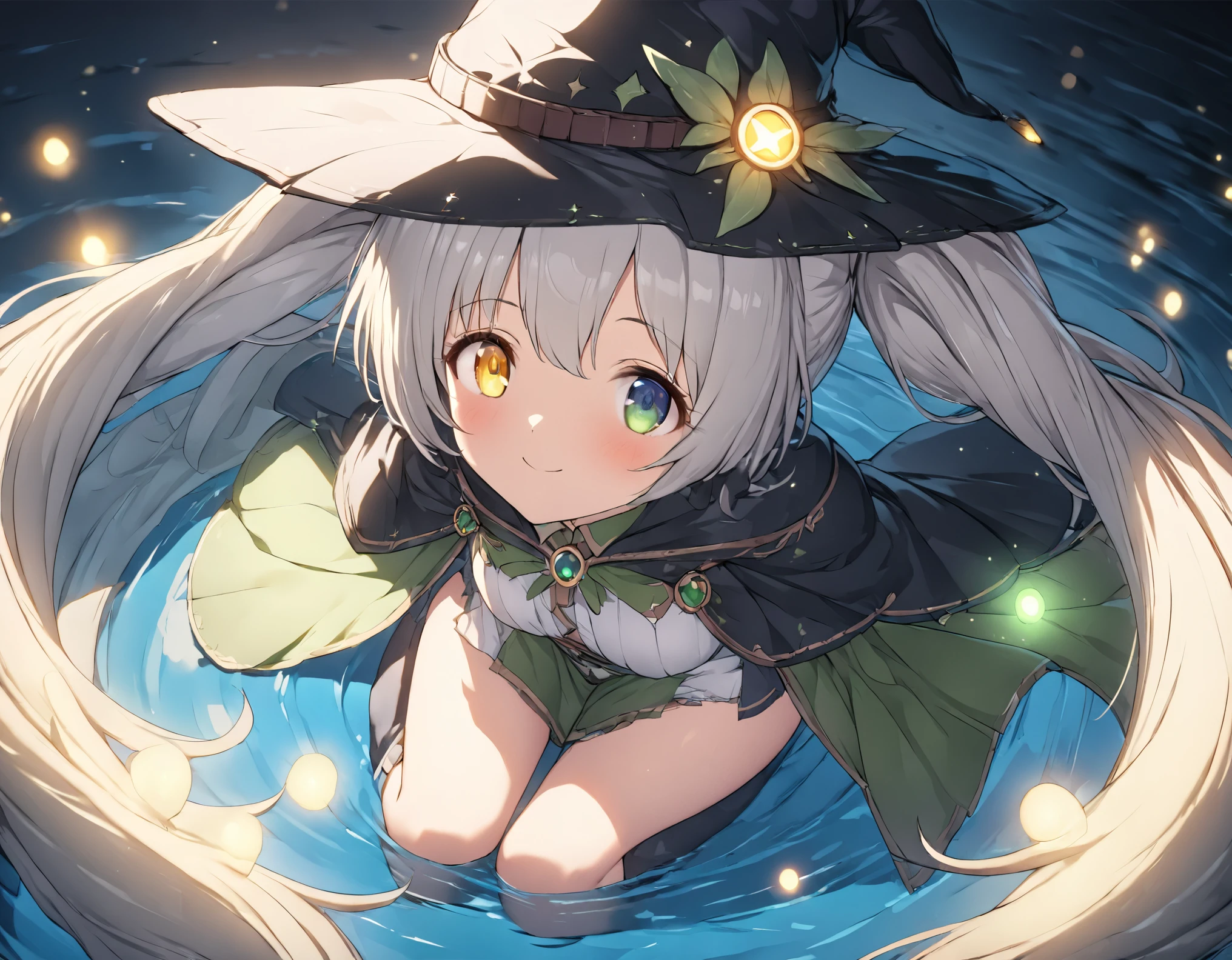 (((master piece Highest quality ultra detailed,Unity 8k Exquisite Detail))),Twin tails,(((tareme:1.6))),Silver Hair,smile,(heterochromia green eye yellow eye),(((powder light:1.3,illusion effect:1.3))),On the river,Fantasy,firefly,full body,witch,witch hat,witch robe