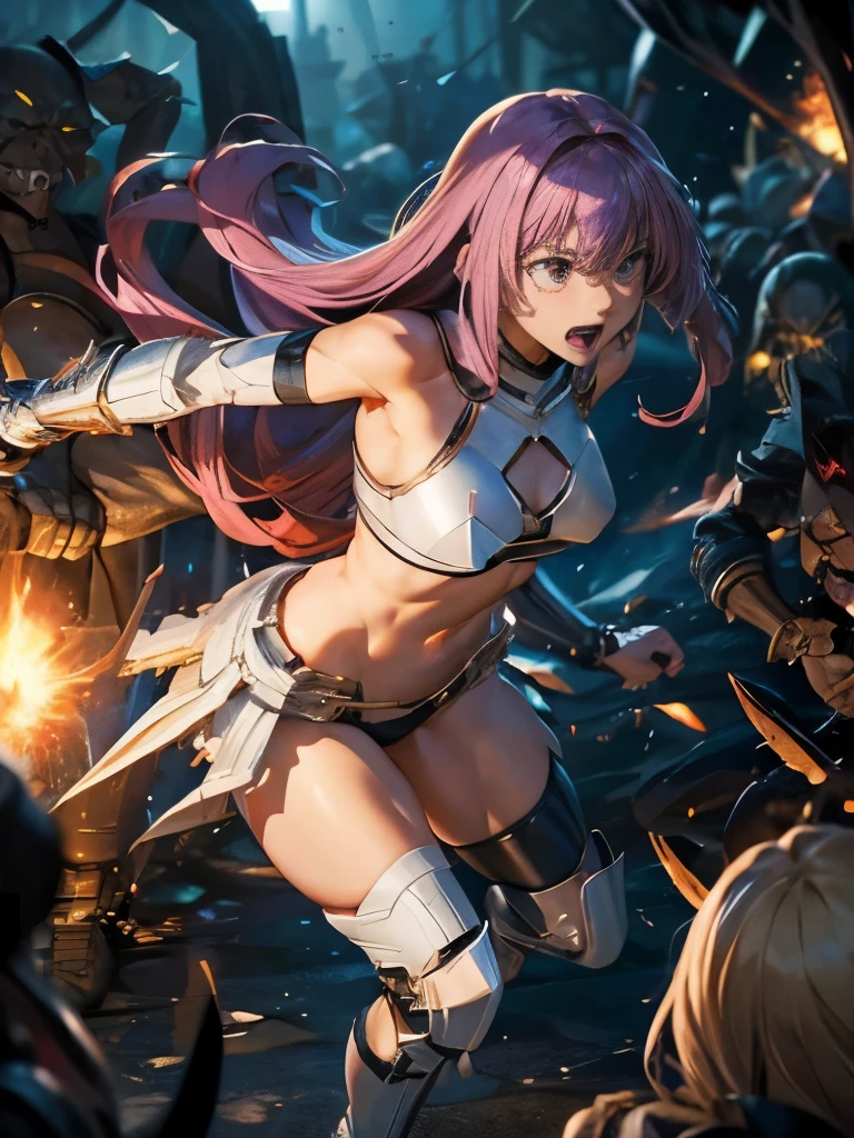 highest quality、Realistic Style、Battle of Despair 1:8、Beautiful woman with very long purple hair、White light armor（Chest exposed、belly button、Exposed thighs）、White Armor Boots、Tears overflow、Frightened expression、scream、run away、Attacked by mutants 1:5、Many violent mutants 1:5、Mutant Holding Arm、Mutant attacks from behind、Mutant grabs leg、Mutant Swarm 1:5、Midnight、another world、Dark fantasy、hell