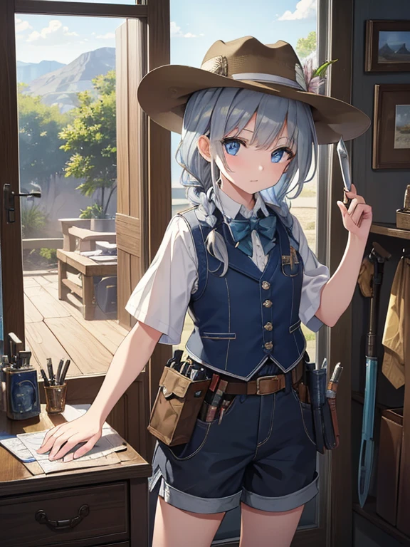 masterpiece, highest quality, Very detailed, 16k, Ultra-high resolution, Cowboy Shot, One 8-year-old girl, Detailed face, Perfect Fingers, blue eyes, Silver Hair, Braid, A vest with many pockets, Shorts, Exploring knife, Safari Hat, compass, telescope, map, A cluttered room with lots of small items, Organizing tools