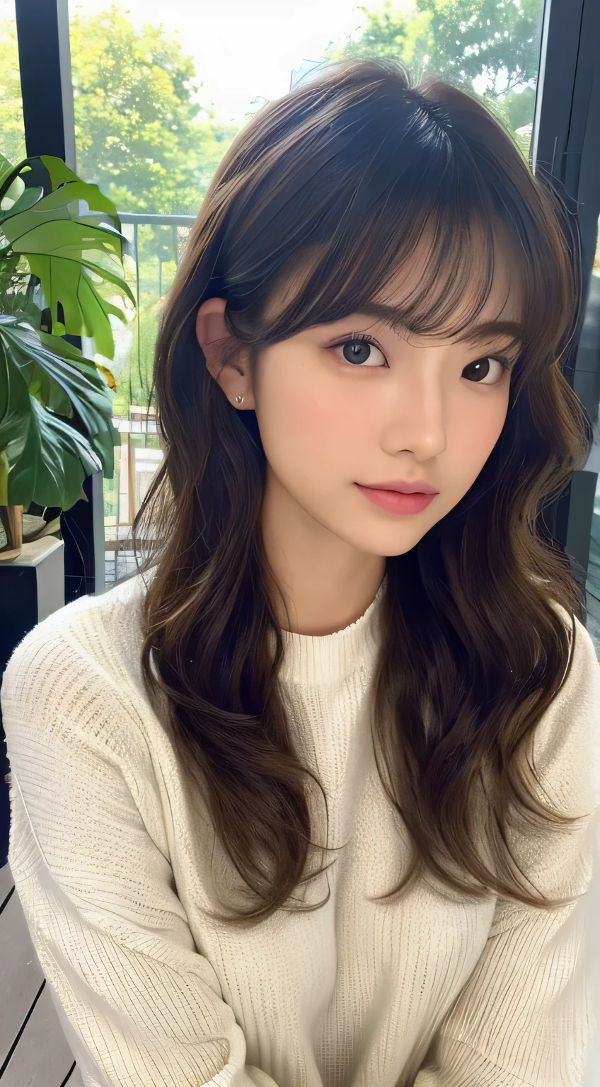 (Top quality、16k resolution)1 girl、solo、Natural soft lighting、、A Japanese lady、Looking at the camera、White long sleeve knit、(Beauty salon background)、Facing forward、Standing、beaver、Teenage woman、Light bangs、short hair、salon model、Natural appearance、porch、Floating hair、Use a curling iron to loosely curl your hair