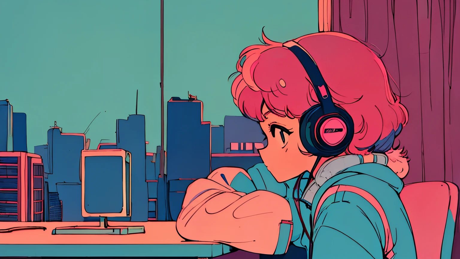 City pop style art, Pink Hair, Fluffy Shortcuts, Wearing headphones, Futuristic yet lo-fi, Retro, Vintage, Ghost,masterpiece, (( Side Shot)), Sit at a desk and concentrate on studying, evening , Melancholy