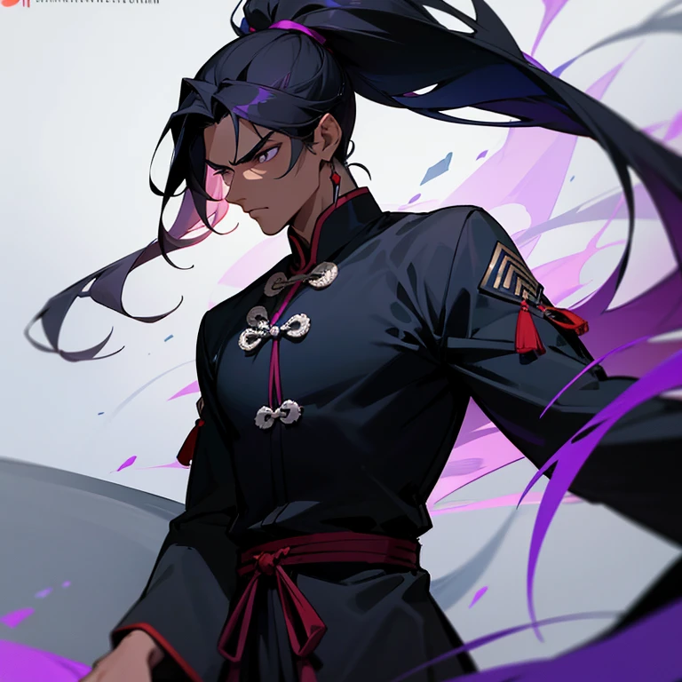 Beautiful young and manly man, serious face, dark skin, long black hair half collected in a ponytail, dark eyes, black Chinese tunic with violet and navy blue details