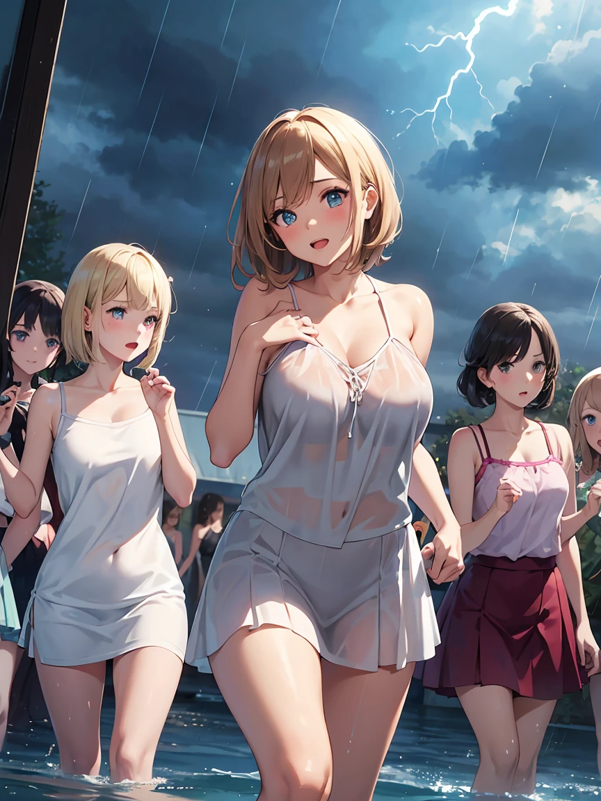 highest quality, Super detailed, (Ultra-high resolution,8K), Ultra-high definition 4K, (Perfect Anatomy, Anatomically correct), (5 cute girls:1.4), (Beautiful Eyes), (Detailed eyes), (High-quality facial beauty), (In the Storm:1.2), (Photorealistic), (Detailed big breasts), Soft Skin, Glowing Skin, (Beautiful floral skirt), (Tight see-through camisole), Bright lighting, Very heavy rain, colorful, Wave your hands loudly