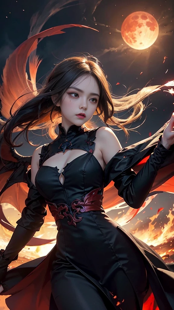 imp,fair_skin,slender,oval face,light_blush,red eyes,demon_wings,beautiful detailed glow, floating ashes, beautiful and detailed explosion, red moon, fire, fire cloud, wings on fire, a cloudy sky, smoke of gunpowder, burning, black dress, dove of peace, (floating cloud:1.2),bishoujo,