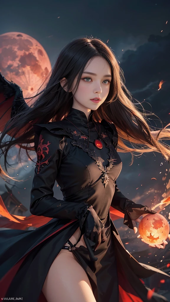 imp,fair_skin,slender,oval face,light_blush,red eyes,demon_wings,beautiful detailed glow, floating ashes, beautiful and detailed explosion, red moon, fire, fire cloud, wings on fire, a cloudy sky, smoke of gunpowder, burning, black dress, dove of peace, (floating cloud:1.2),bishoujo,