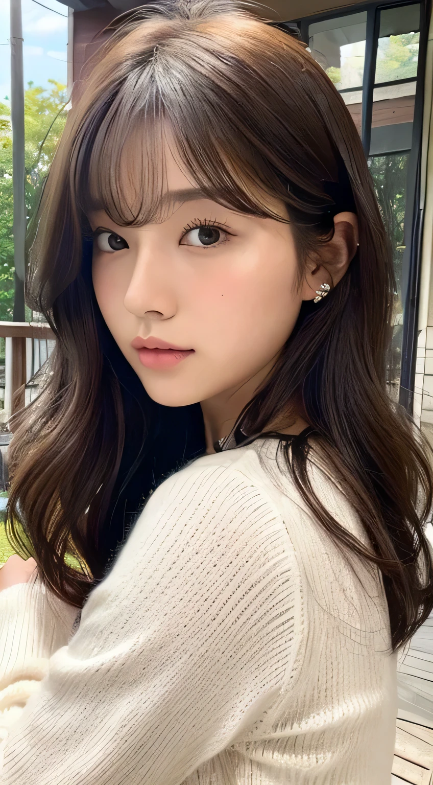 (Top quality、16k resolution)1 girl、solo、Natural soft lighting、、A Japanese lady、Looking at the camera、White long sleeve knit、(Beauty salon background)、Facing forward、Standing、beaver、Teenage woman、Light bangs、short hair、salon model、Natural appearance、porch、Floating hair、Use a curling iron to loosely curl your hair