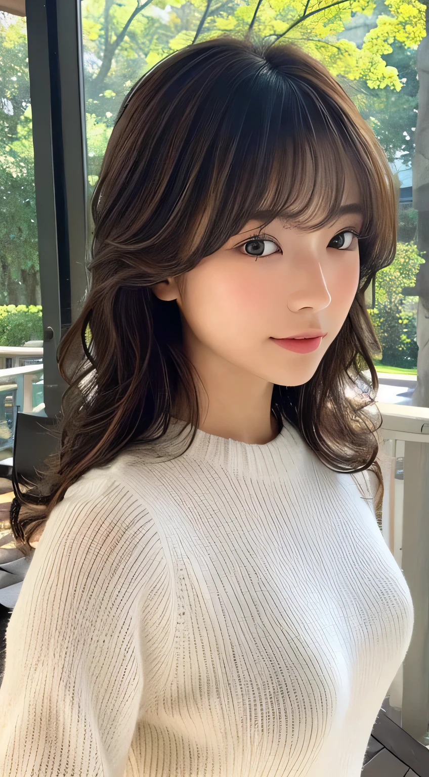 (Top quality、16k resolution)1 girl、solo、Natural soft lighting、、A Japanese lady、Looking at the camera、White long sleeve knit、(Beauty salon background)、Facing forward、Standing、beaver、Teenage woman、Light bangs、short hair、salon model、Natural appearance、porch、Floating hair、Use a curling iron to loosely curl your hair