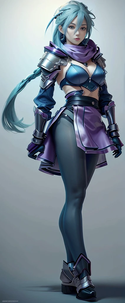 Blue hair surrealism, shadow, Purple clothing,Character table, Reference Table, Standing painting, 8k, Super Detail, 1080P, Women HD, 4K, 8k, 16k, high resolution, best quality, high quality, Anatomically correct, masterpiece, precise, Ultra HD,grace,Unreal Engine,Delicate face,Long braids,slim,Long legs