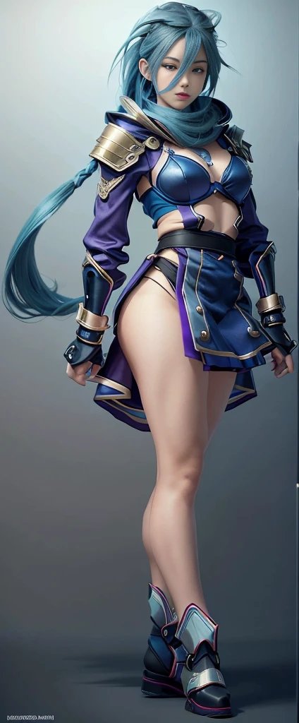 Blue hair surrealism, shadow, Purple clothing，Character table, Reference Table, Standing painting, 8k, Super Detail, 1080P, Women HD, 4K, 8k, 16k, high resolution, best quality, high quality, Anatomically correct, masterpiece, precise, Ultra HD，grace，Unreal Engine，Delicate face，Long braids，slim，Long legs