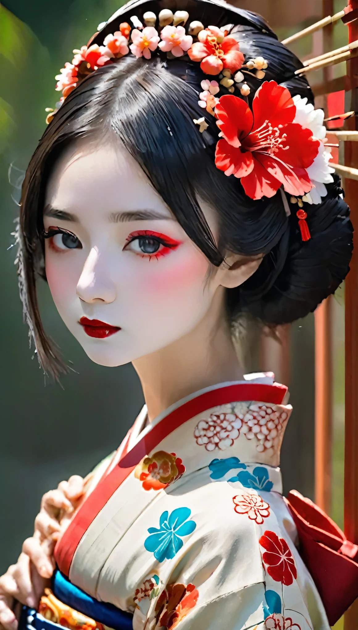 Alafi wearing a kimono with a red flower headpiece, Geisha Makeup, Portrait of a Geisha画, Geisha Makeup, Portrait of a Geisha, Beautiful Geisha, Japanese Geisha, Glamorous and sexy geisha, 美しいPortrait of a Geisha画, Portrait of a Geisha, Geisha hairstyle, remarkable Geisha Makeup