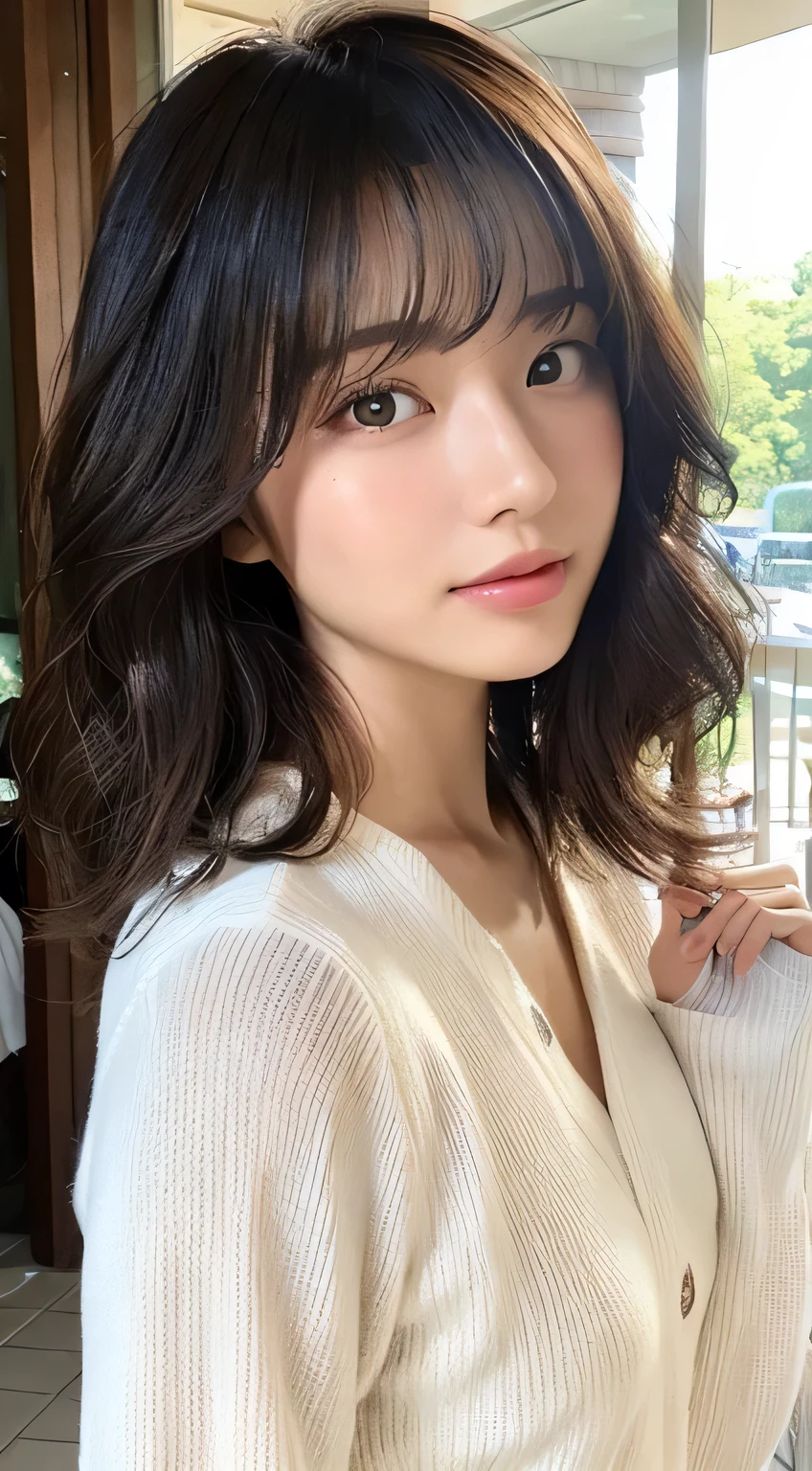 (Top quality、16k resolution)1 girl、solo、Natural soft lighting、、A Japanese lady、Looking at the camera、White long sleeve knit、(Beauty salon background)、Facing forward、Standing、beaver、age woman、Light bangs、short hair、salon model、Natural appearance、porch、Floating hair、Use a curling iron to loosely curl your hair