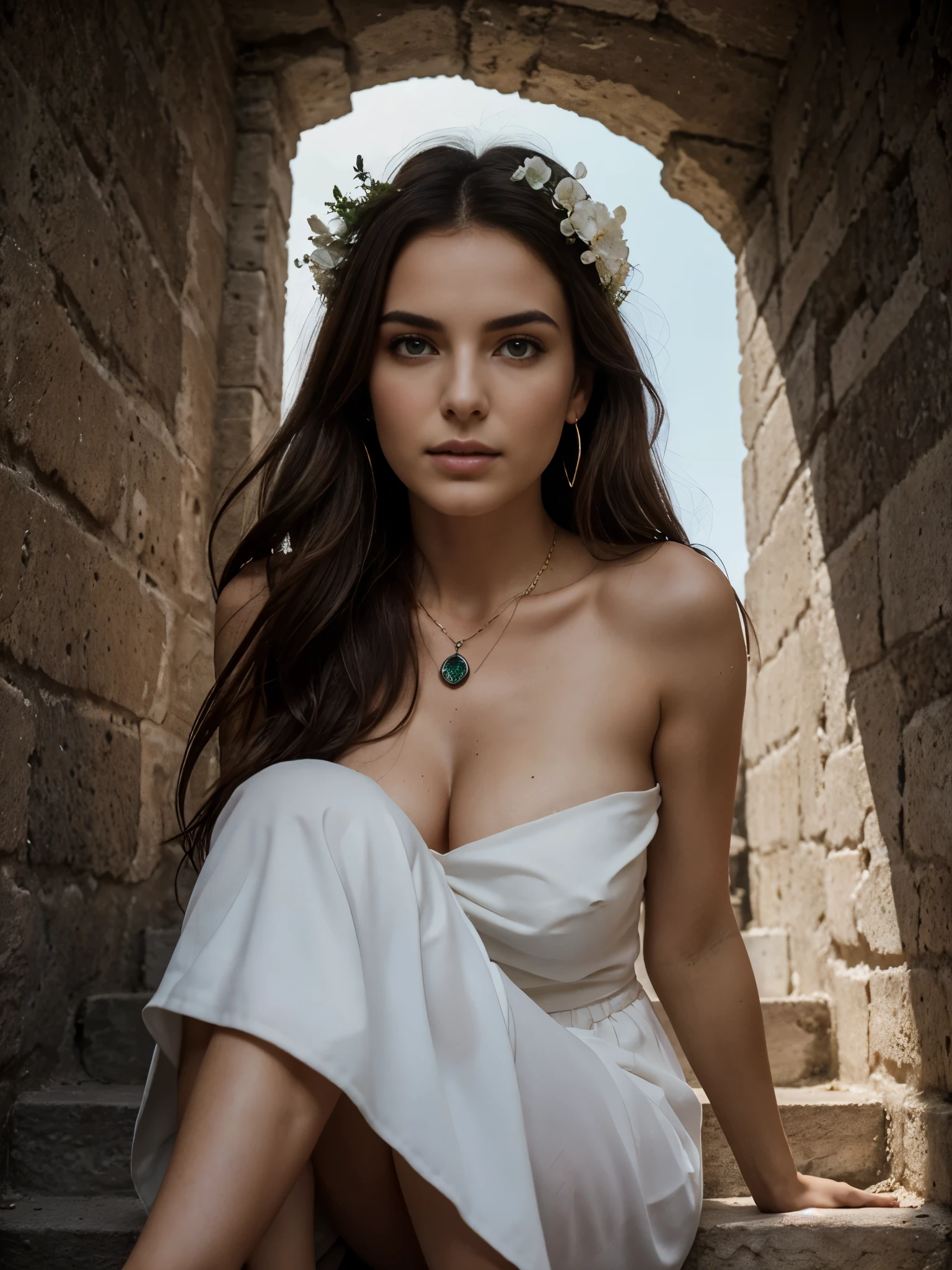 (YES NSFW), documentary photo of a gorgeous 30yo redhead woman sitting on stairs in a alley of Matera, (beautiful face:1.3), angelic face, real skin pores, skin imperfections, perfect face. Long loose hair, an artistic wreath of white flowers surrounds her head. Sitting in sassi_di_matera. Green eyes, necklace and earrings, slightly open mouth, moles on skin. She wears the classic white vestal toga of the ancient Greeks, bare shoulders, sleeveless. Sensual and alluring posture. Clear blue cloudy sky. photorealistic shoot. The character is surrounded by mist, evoking a mysterious and eerie atmosphere. The lighting is dark and atmospheric, with a red smoke adding a touch of sinister ambiance. The image is of the best quality, with a resolution of 4k and HDR enhancement, showcasing the utmost level of detail and realism, sfw, full body shot.