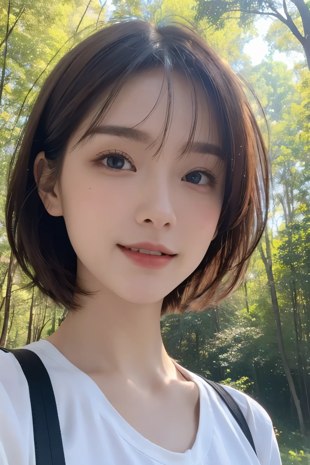 Ultra-high resolution、(Real:1.4)、One beautiful woman、Beautifully detailed eyes and skin、A Little Smile、Light brown short hair、Outdoor attire、Small Bust、Spring sunshine in the forest、Huge spaceship in the distance、Movie quality、