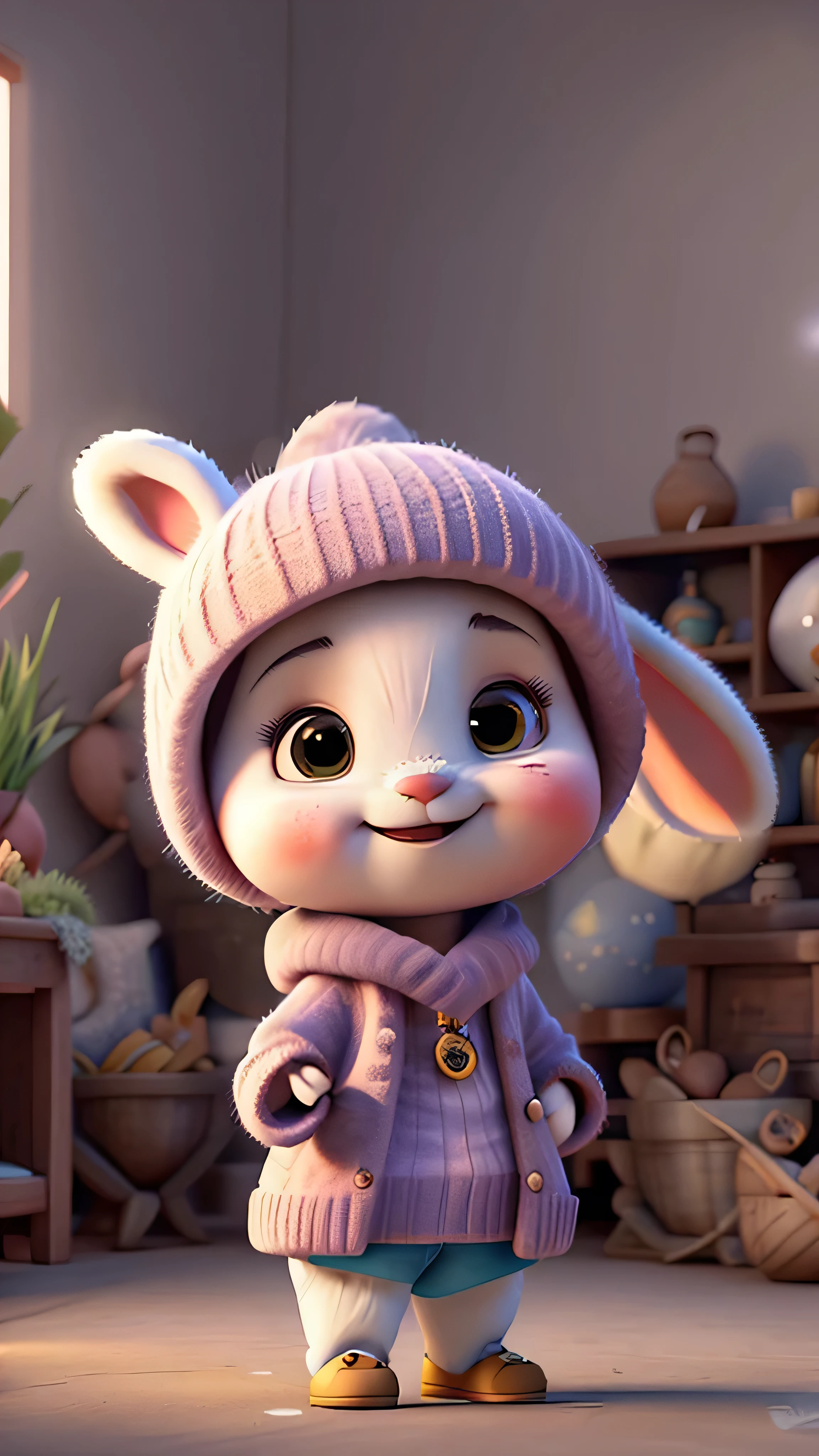 A charming little bunny, sporting a cheerful wave and a radiant smile, warmly greets me in the serene stillness of the twilight. The scene unfolds amidst the cozy interior lighting, illuminated by the soft glow of unreal engine, echoing the warm ambiance of a film set. The digital painting exhibits an exquisite level of detail, a harmonious blend of character design by Mark Redden, Pixar, and Hayao Miyazaki, all presented in the cutting-edge technology of Unreal 5, Daz, surrealism, Octane rendering, and the intricate textures of 3DMDT1. The atmosphere is