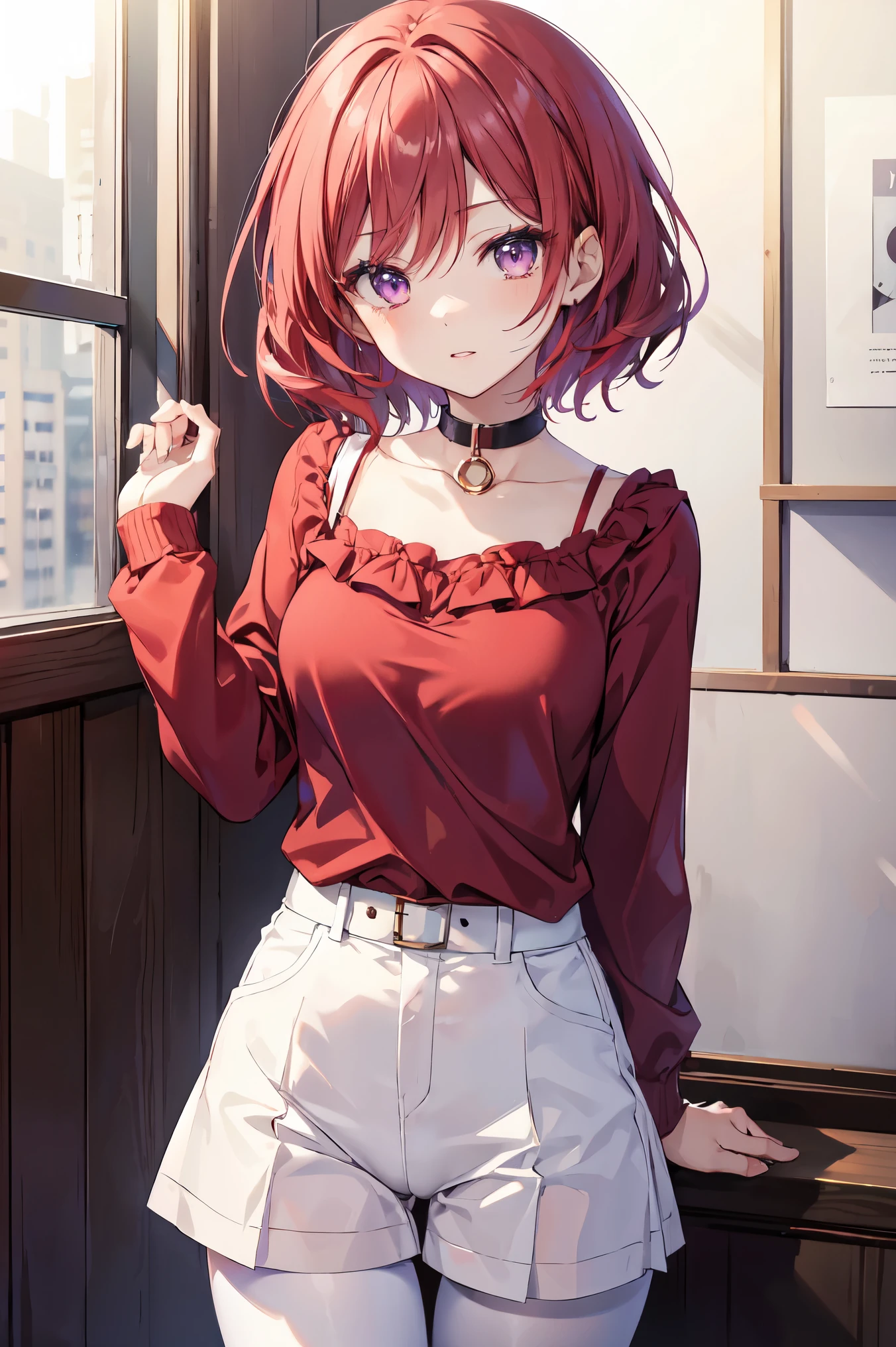 Nishikino maki, Purple eyes,((Short Red Hair)), blouse, White shorts, Brown pantyhose, (abdomen:0.8), (lips:0.7), LL letter