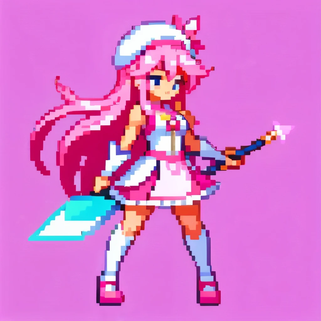 Pixel art, 6-life, full body, facing left, pink and white, holding a spear, magical girl, beret, long hair, Loose and fluffy , showing shoulders