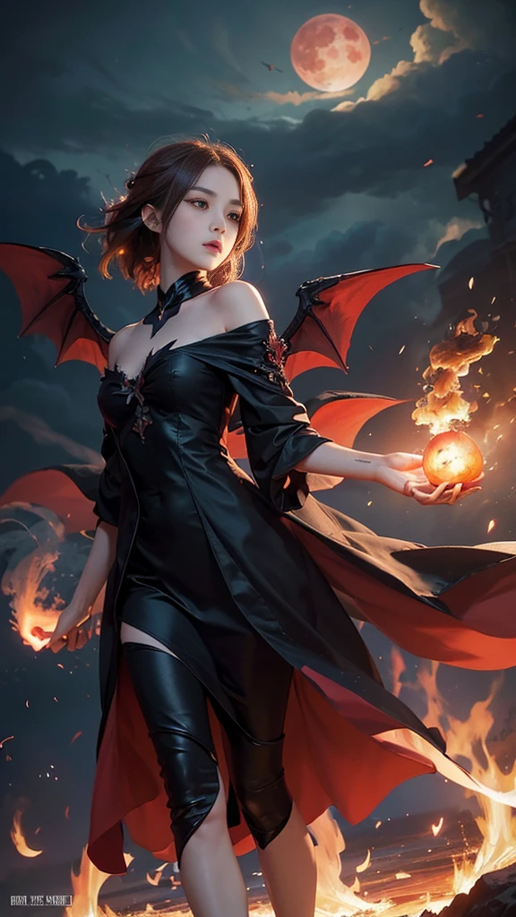 imp,fair_skin,slender,oval face,light_blush,red eyes,demon_wings,beautiful detailed glow, floating ashes, beautiful and detailed explosion, red moon, fire, fire cloud, wings on fire, a cloudy sky, smoke of gunpowder, burning, black dress, dove of peace, (floating cloud:1.2),bishoujo,