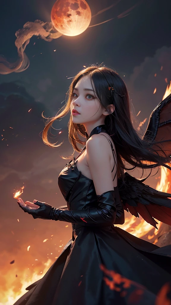 imp,fair_skin,slender,oval face,light_blush,red eyes,demon_wings,beautiful detailed glow, floating ashes, beautiful and detailed explosion, red moon, fire, fire cloud, wings on fire, a cloudy sky, smoke of gunpowder, burning, black dress, dove of peace, (floating cloud:1.2),bishoujo,