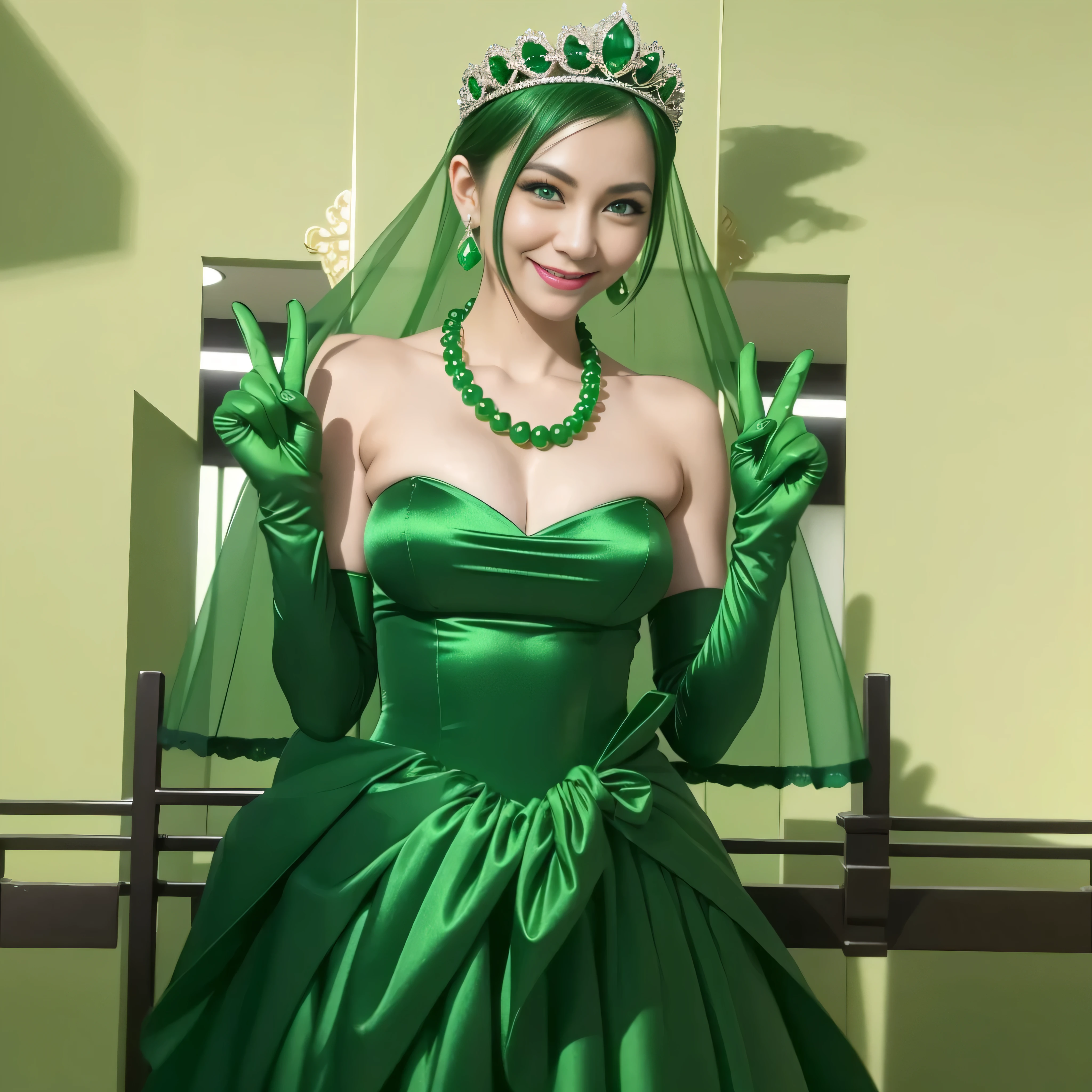 Emerald tiara, Green Pearl Necklace, Boyish very short green hair, lipstick, Smiling Japanese woman, Very short hair, Big tits beautiful, Green Eyes, Long green satin gloves, Green Eyes, v sign, Emerald Earrings, Green Veil