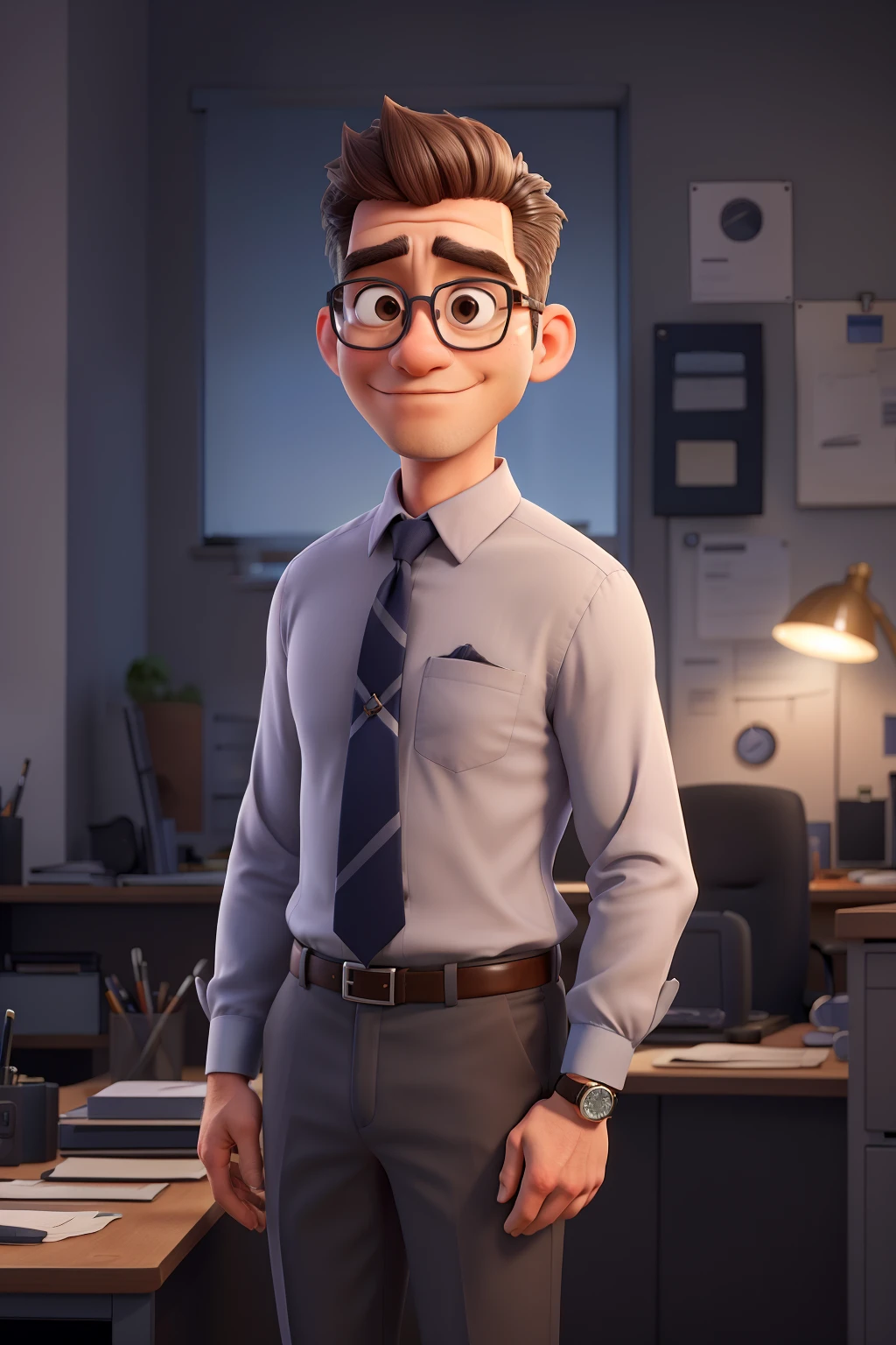 (a man standing in a modern office),(medium: digital illustration),(detail: crisp lines and vibrant colors),(best quality,highres:1.2),ultra-detailed,(realistic:1.37),executive,confident expression,business suit,bold tie,professional attire,wearing glasses,distinguished appearance,sharp facial features,gray hair,stylish haircut,expensive watch,successful businessman,engaging smile,fit physique,well-groomed,well-dressed,clear complexion,stern yet approachable demeanor,stern gaze,calm,composed posture,office background,modern building,cityscape view,bright office lighting)