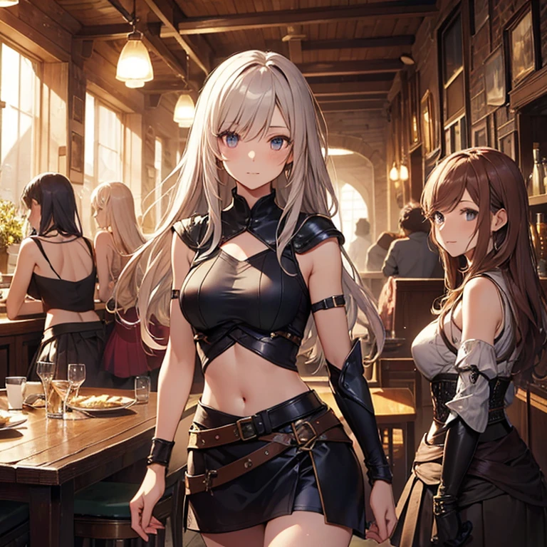 A group of female medieval fantasy adventurers, (in tavern), various hair styles, harem, night, details face, short skirt, seducing, sleeveless, armor, midriff