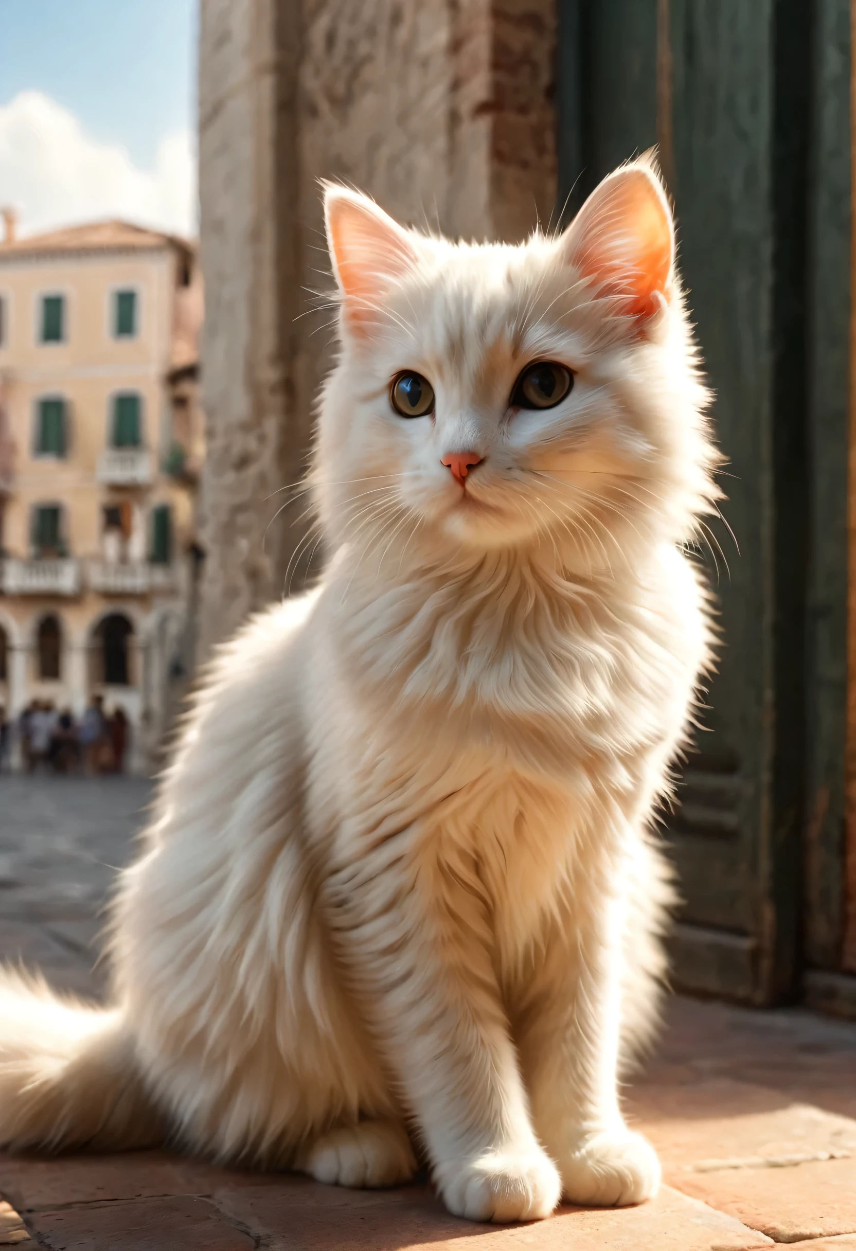 [cute cat greets viewers, Pierre＝Art by Auguste Renoir and Jeremy Mann, (Viewpoint angle:1.2), Realistic, Ray Tracing, Beautiful lighting,masterpiece:RAW Photos,Venetian landscape,Photorealistic,cute cat,The best masterpiece,Fluffy cat,Beautiful light and shadow,Reality:0.3]