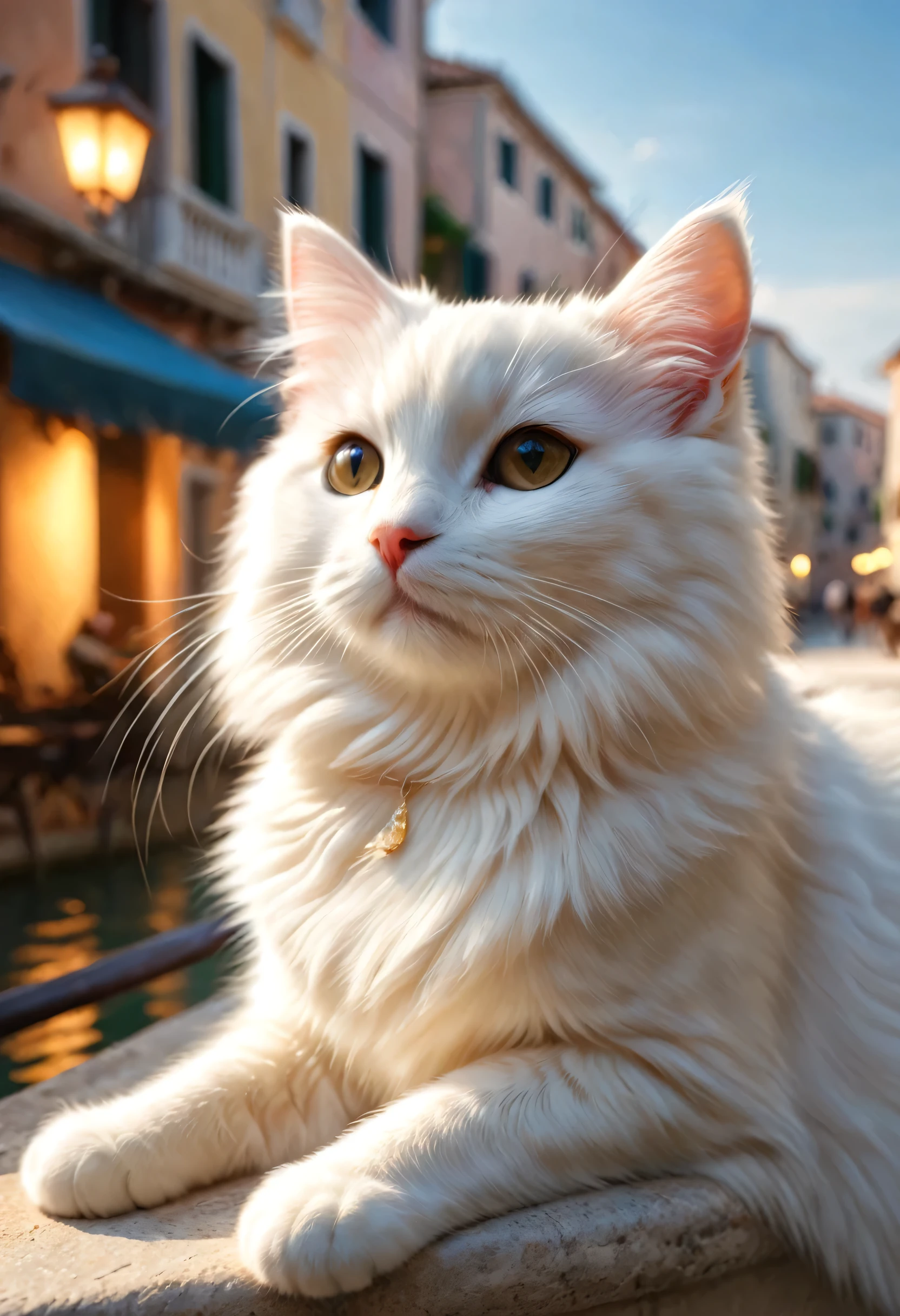 [cute cat greets viewers, Pierre＝Art by Auguste Renoir and Jeremy Mann, (Viewpoint angle:1.2), Realistic, Ray Tracing, Beautiful lighting,masterpiece:RAW Photos,Venetian landscape,Photorealistic,cute cat,The best masterpiece,Fluffy cat,Beautiful light and shadow,Reality:0.3]