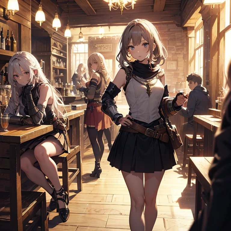 A group of female medieval fantasy adventurers, (in tavern), various hair styles, harem, night, details face, short skirt, seducing, sleeveless, armor