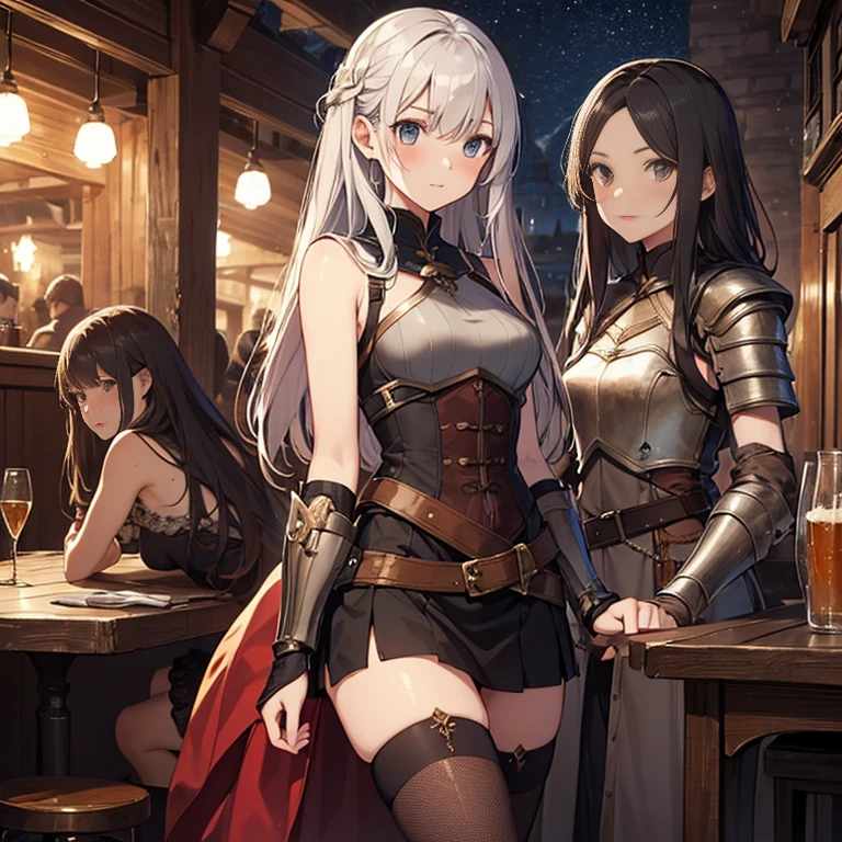 A group of female medieval fantasy adventurers, (in tavern), various hair styles, harem, night, details face, short skirt, seducing, sleeveless, armor