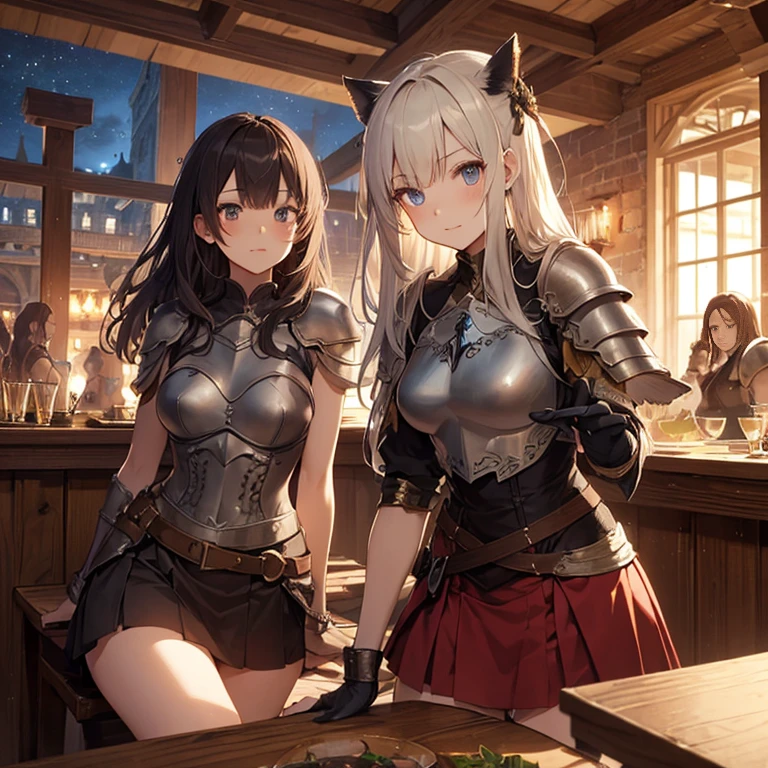 A group of female medieval fantasy adventurers, (in tavern), various hair styles, harem, night, details face, short skirt, seducing, sleeveless, armor