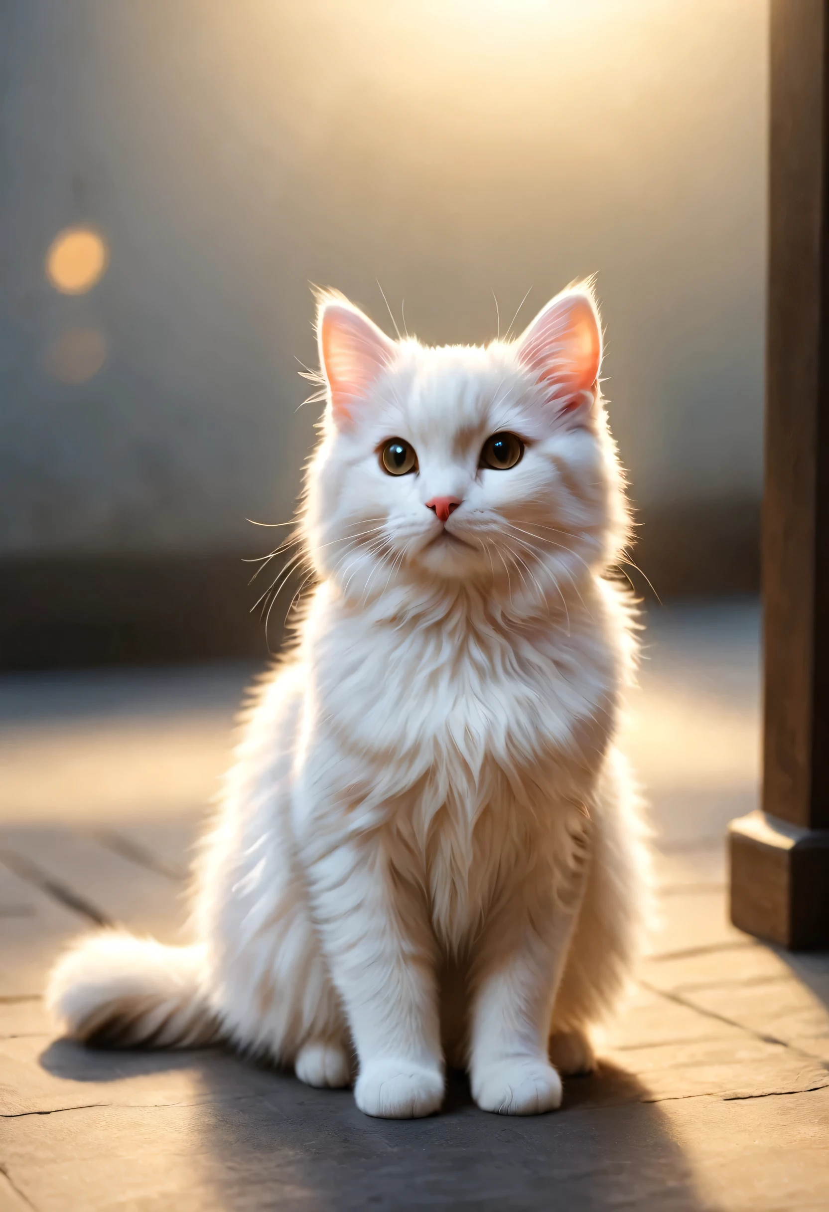 [cute cat greets viewers, Pierre＝Art by Auguste Renoir and Jeremy Mann, (Viewpoint angle:1.2), Realistic, Ray Tracing, Beautiful lighting,masterpiece:RAW Photos,Photorealistic,cute cat,The best masterpiece,Fluffy cat,Beautiful light and shadow,Reality:0.3]