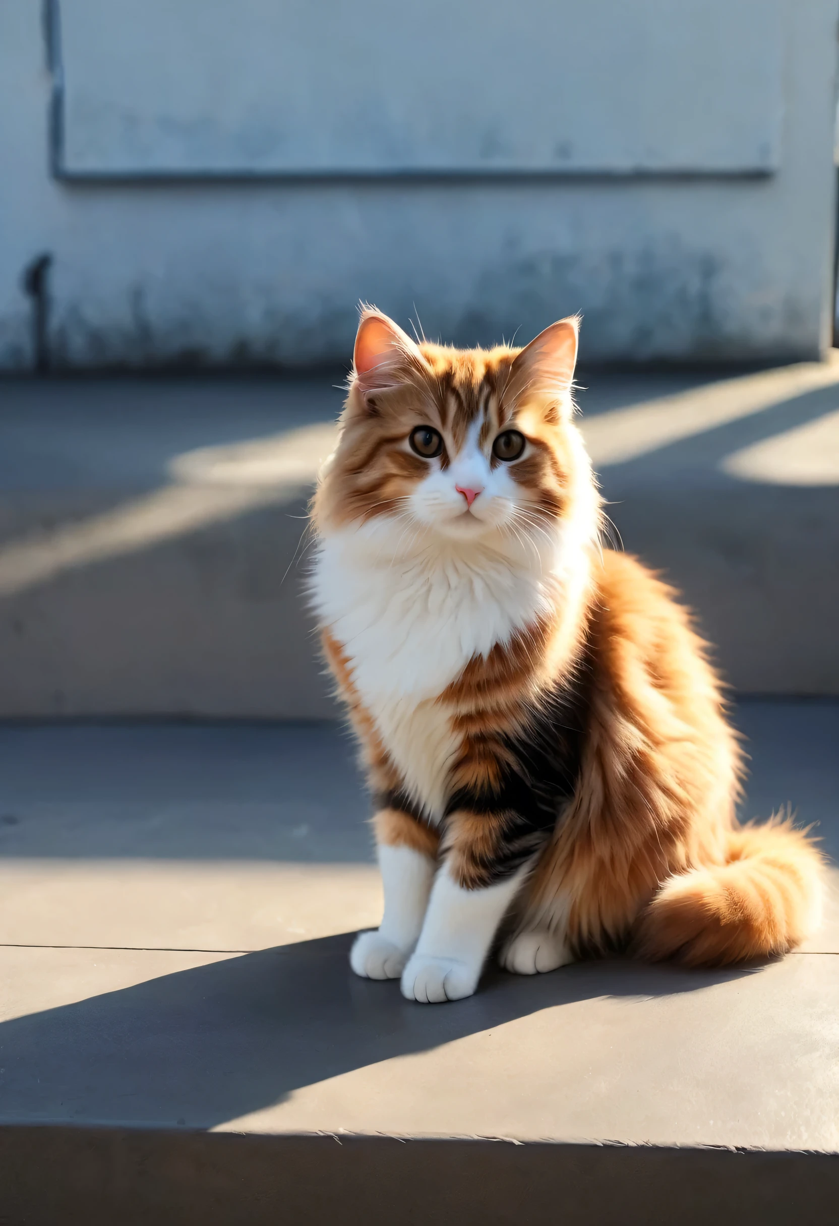 [cute cat greets viewers, Pierre＝Art by Auguste Renoir and Jeremy Mann, (Viewpoint angle:1.2), Realistic, Ray Tracing, Beautiful lighting,masterpiece:RAW Photos,Photorealistic,cute cat,The best masterpiece,Fluffy cat,Beautiful light and shadow,Reality:0.2]