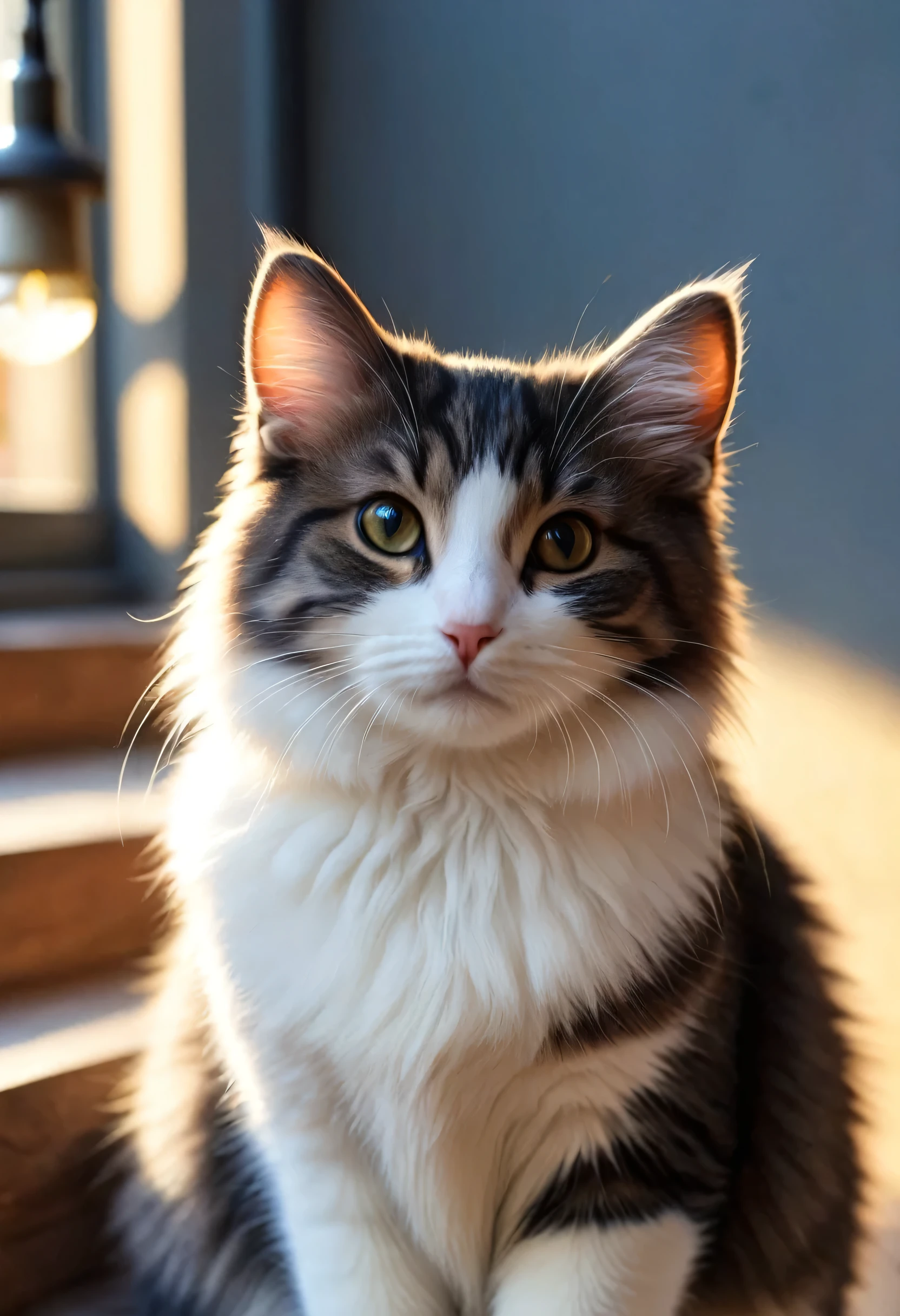 [cute cat greets viewers, Pierre＝Art by Auguste Renoir and Jeremy Mann, (Viewpoint angle:1.2), Realistic, Ray Tracing, Beautiful lighting,masterpiece:RAW Photos,Photorealistic,cute cat,The best masterpiece,Fluffy cat,Beautiful light and shadow,Reality:0.2]