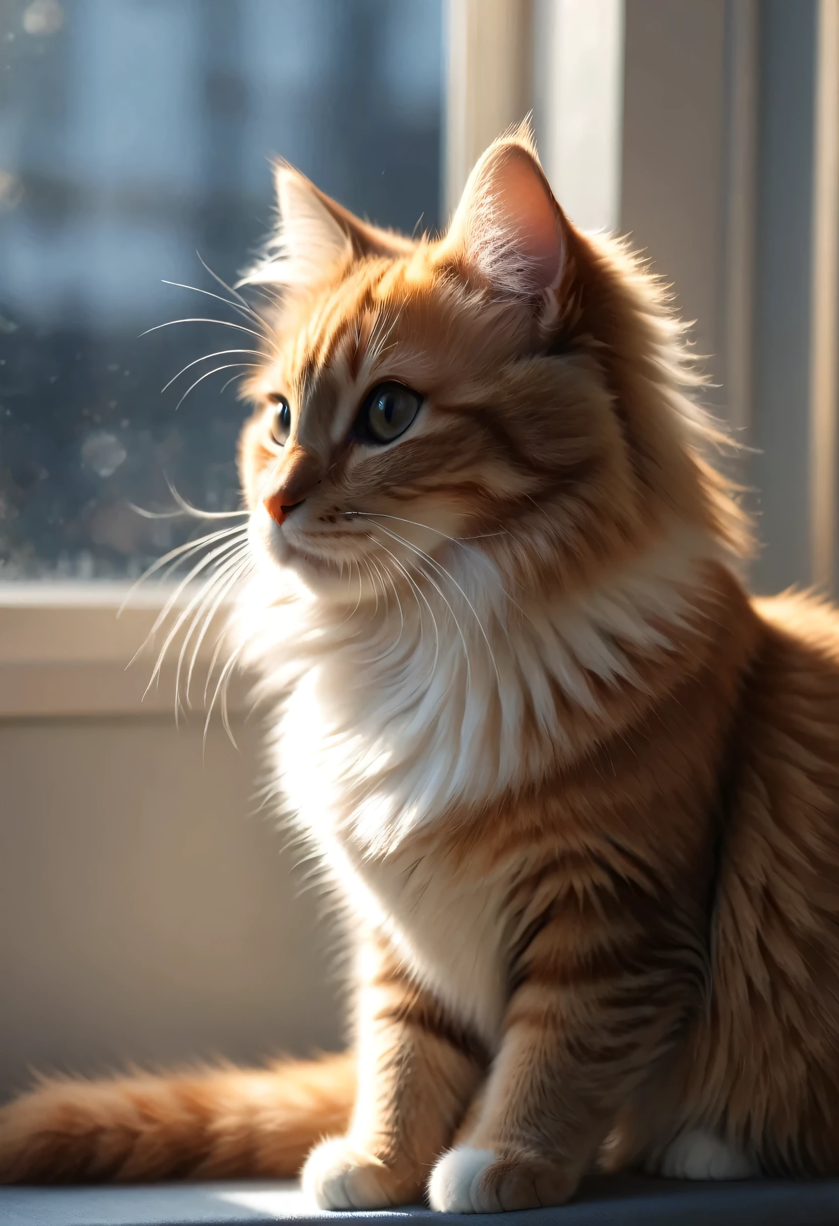 [cute cat greets viewers, Pierre＝Art by Auguste Renoir and Jeremy Mann, (Viewpoint angle:1.2), Realistic, Ray Tracing, Beautiful lighting,masterpiece:RAW Photos,Photorealistic,cute cat,The best masterpiece,Fluffy cat,Beautiful light and shadow,Reality:0.2]