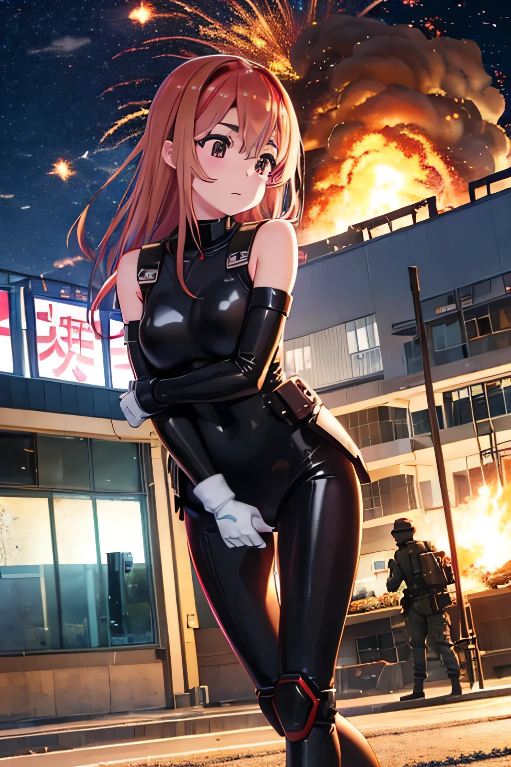 Sumi Sakurasawa、holding hundgun、at night、fence、1 girl、Black bodysuit、Infiltrate a military base、Tank Hangar、Military base exploding in flames、The building is on fire