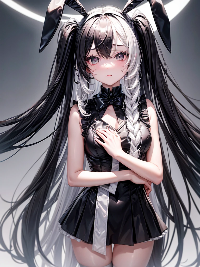 Black long hair girl with black bunny ears and black bunny tail wearing black bunny girl outfit havy black eyes and another one is white long hair girl with white bunny ears and white bunny tail wearing white bunny girl outfit  have light grey eyes