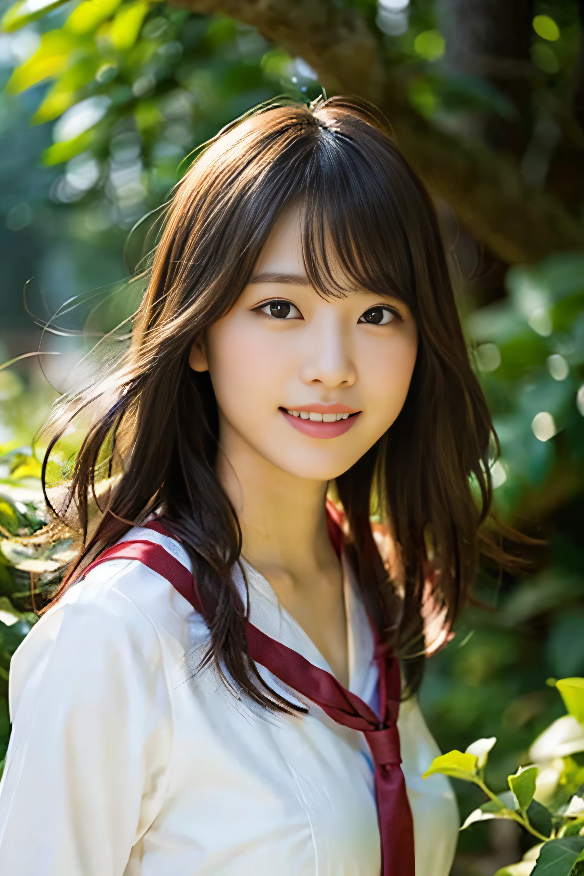 (8K、Raw photo、highest quality、masterpiece:1.2)、(realistic、Photoreal:1.37)、super detailed、Super high resolution、1 girl、see the beholder、beautiful and detailed face、laughter、narrow、(slim waist) :1.3)、Beautiful and smooth skin、skin texture、floating hair、professional lighting、human body as a whole、blonde、Japanese high 、sailor suit、Twin Hairstyles、E cup、smile、16 years old、red ribbon、baby face、in the forest、Tree of the Rising Sun々Passing sunshine、god々々Shikai、Hair fluttering in Wind、Wind