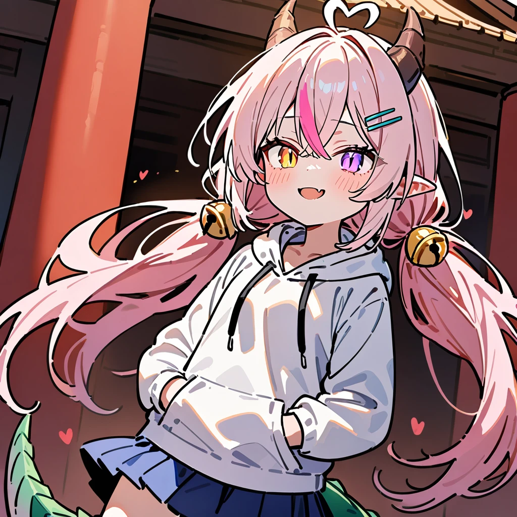 （masterpiece：1.2，high quality），8K，High resolution，An -year-oirl，c girl，Dragon Horn:1.6，Pointed ears，light pink hair，streaked hair，long hair，crossed bangs，low twintails ，hairclip，hair bell， heterochromia eyes，slit pupils，heart ahoge，evil smile，Stand in front of the temple，white hoodie，yellow bow，blue pleated skirt，dragon tail，alone，white stockings:1.4，thigh，Calf，((Put your hands in your pockets))