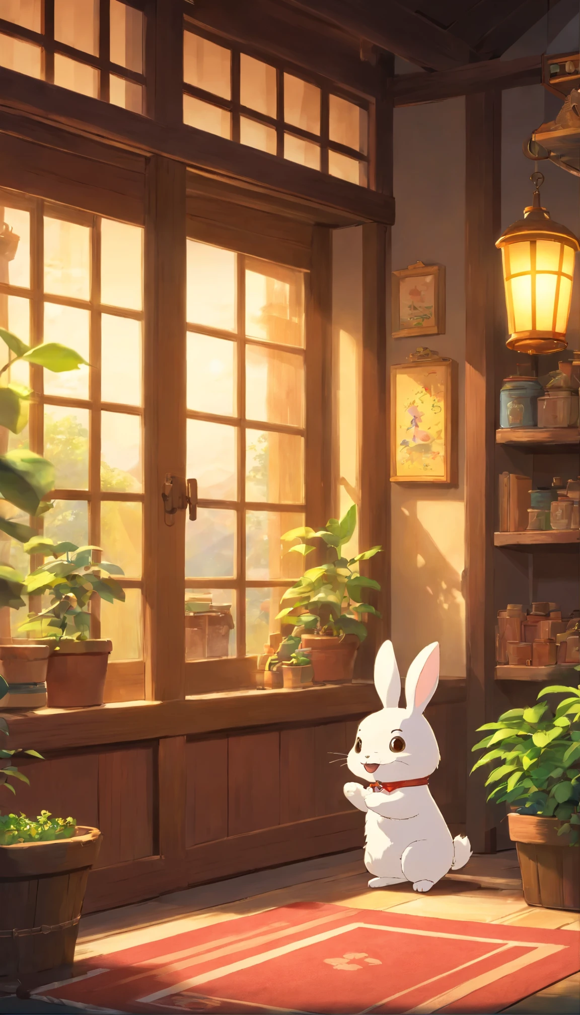 Waving cheerfully、A cute little rabbit with a bright smile、It welcomes me warmly in the calm of the evening.。This scene、The story unfolds in a cozy indoor setting, illuminated by the soft light of Unreal Engine.、Reflects the warm atmosphere of a movie set。Digital painting iark Redden、Pixar、A perfect blend of character designs by Hayao Miyazaki、Unreal 5、Daz、Surrealism、Octane Rendering、3DMDT1 is a cutting edge technology for complex textures.