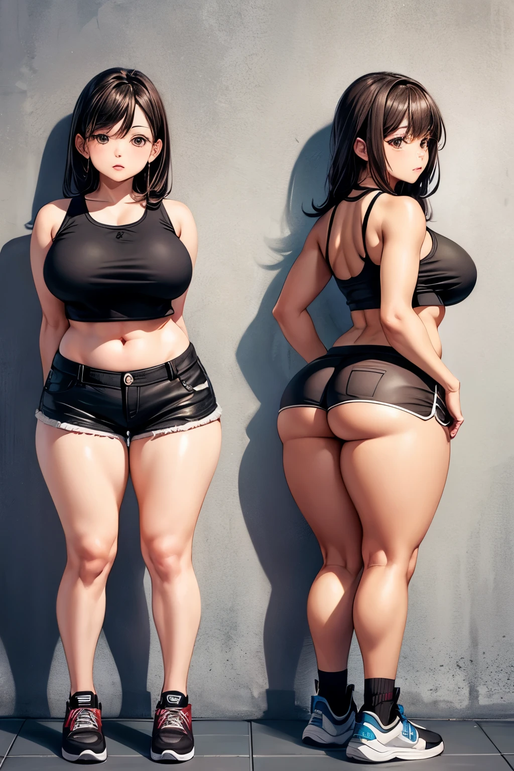 Adult female, fitted black crop top, brown shorts, full body, chubby, big butt