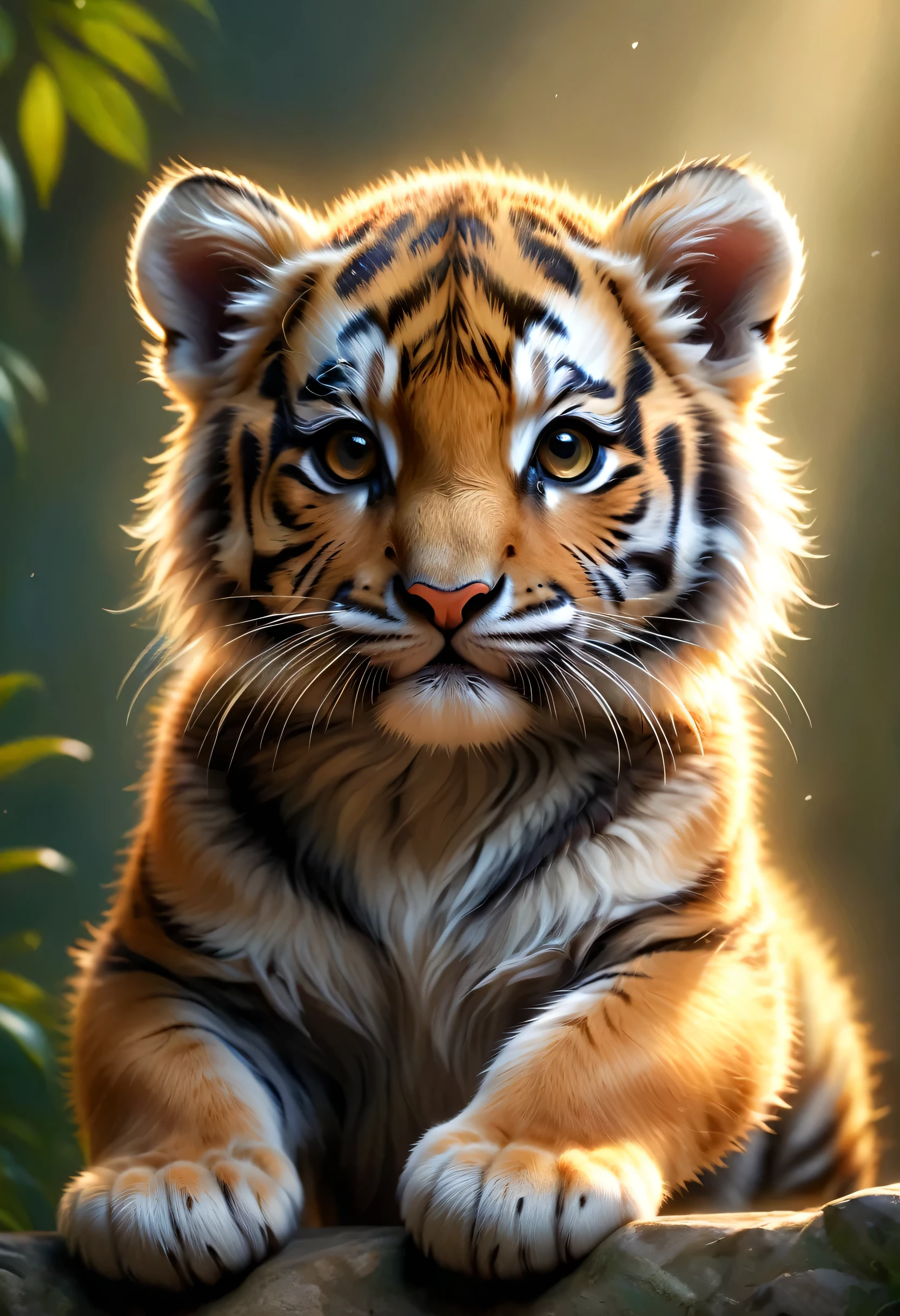 Cute baby tiger greets the viewer, Pierre＝Art by Auguste Renoir and Jeremy Mann, (Viewpoint angle:1.2), Realistic, Ray Tracing, Beautiful lighting,masterpiece,BREAK,RAW Photos,Photorealistic,masterpiece,The best masterpiece,Realistic animal pictures,Photographs published in National Geographic,Beautiful light and shadow,Blurred Background,Emphasis on realism