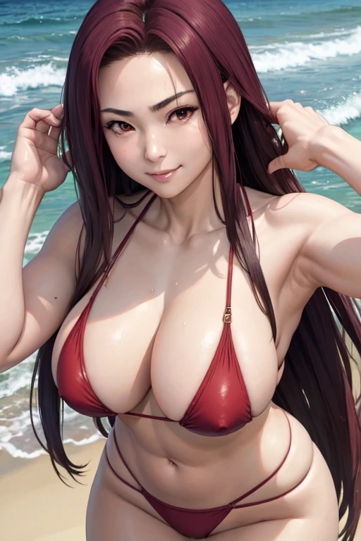 masterpiece, best quality, sakaki ryouko, wearing bikini, large breasts, beach, furrowed brow,seductive smile,