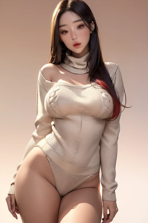 ((masterpiece, highest quality, Super detailed, Ultra-high resolution, Realistic, Cinematic)), ((Attractive Korean women, thick)), (Surrealism), (Medium Shot, from the front:1.4), Perfect body, Sexy Body, Perfect Face, Perfect hands, Fine hand, Delicate face, (bursting breasts), Long, round legs, (Wide Hips), (Long and colorful hair, Straight hair:1.3), (Wearing a high-necked sweater:1.5), (Wearing tight panties), (Sensual pose), (Gradient Background:1.3), Brown eyes, Detailed pupil, Bright red lips, Blushing, Slightly parted lips