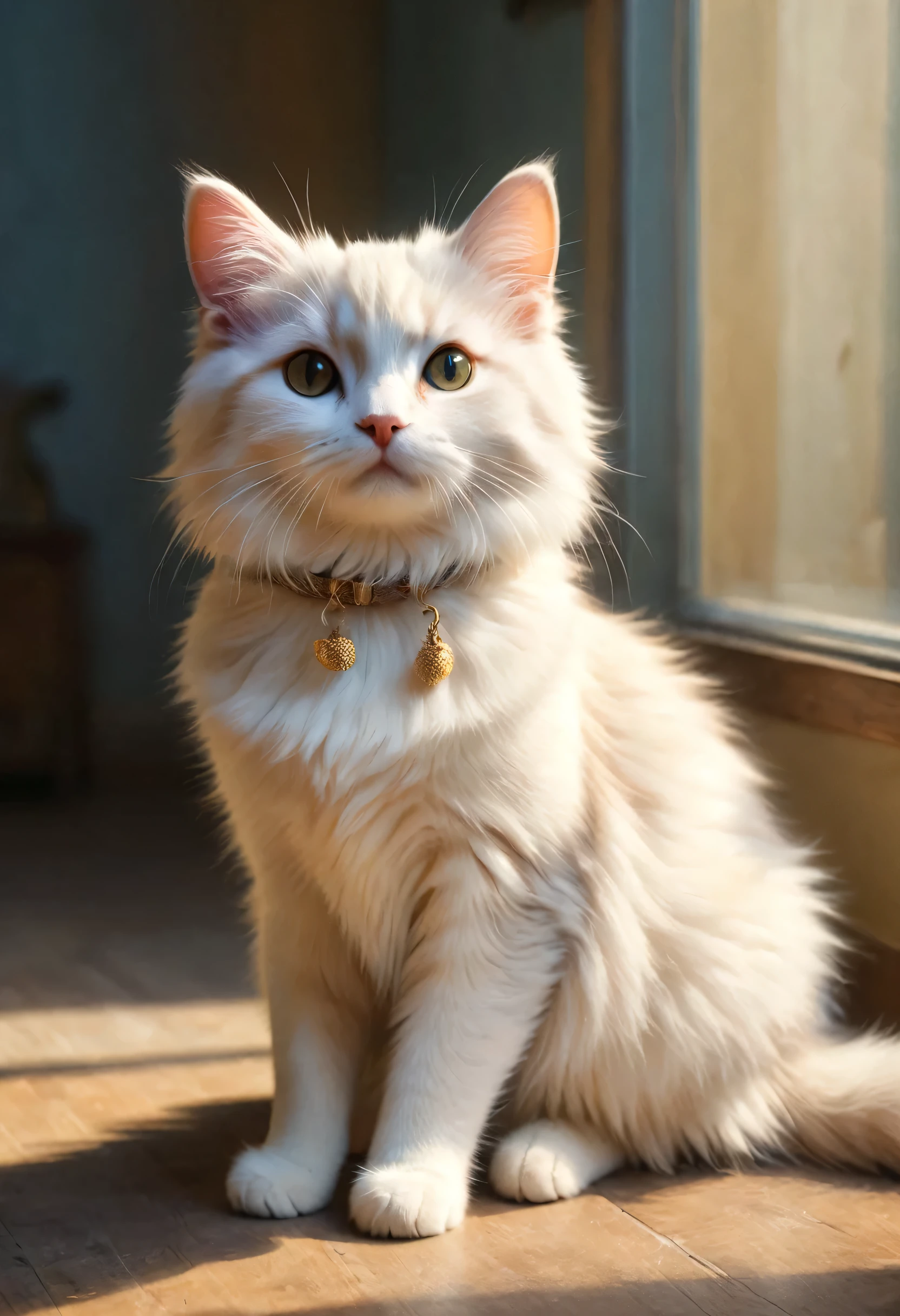 [A cute cat greets the viewer, Pierre＝Art by Auguste Renoir and Jeremy Mann, (Viewpoint angle:1.2), Realistic, Ray Tracing, Beautiful lighting,masterpiece:RAW Photos,Photorealistic,The best masterpiece,Fluffy cat,Beautiful light and shadow,Reality:0.5]